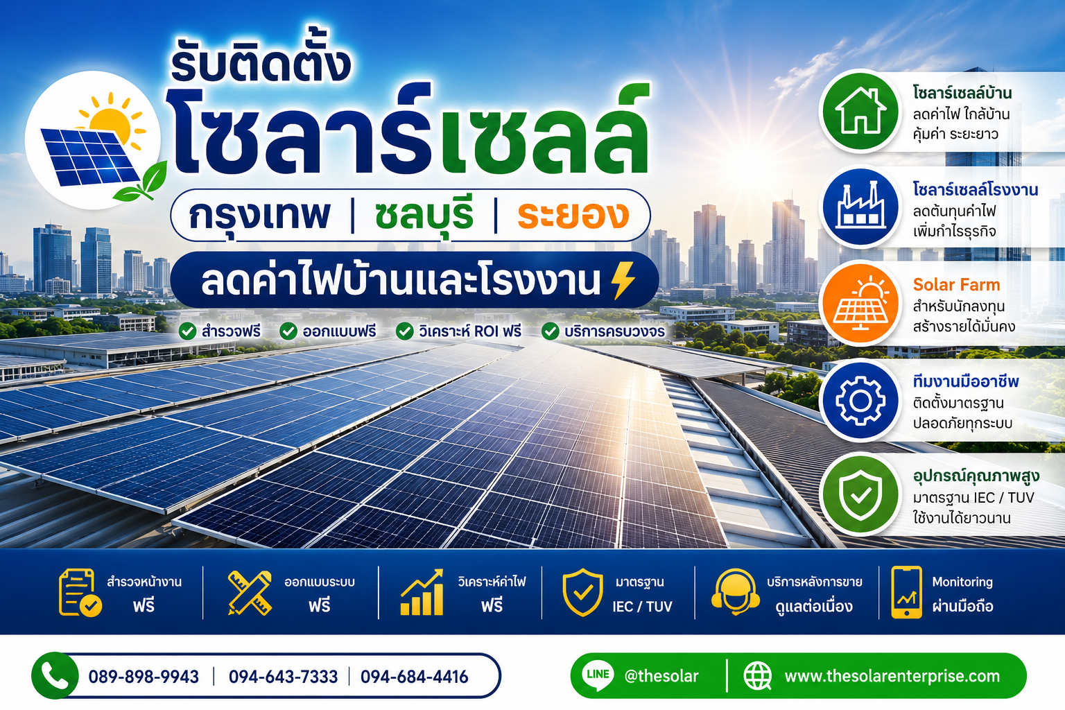 บริการ ประกาศ ลดค่าไฟจริงวิเคราะห์ROIฟรี ติดตั้งโซลาร์เซลล์ชลบุรีนิคมอุตสาหกรรม ชลบุรีระยอง ลดค่าไฟบ้านและโรงงาน ลดค่าไฟบ้านและโรงงาน
