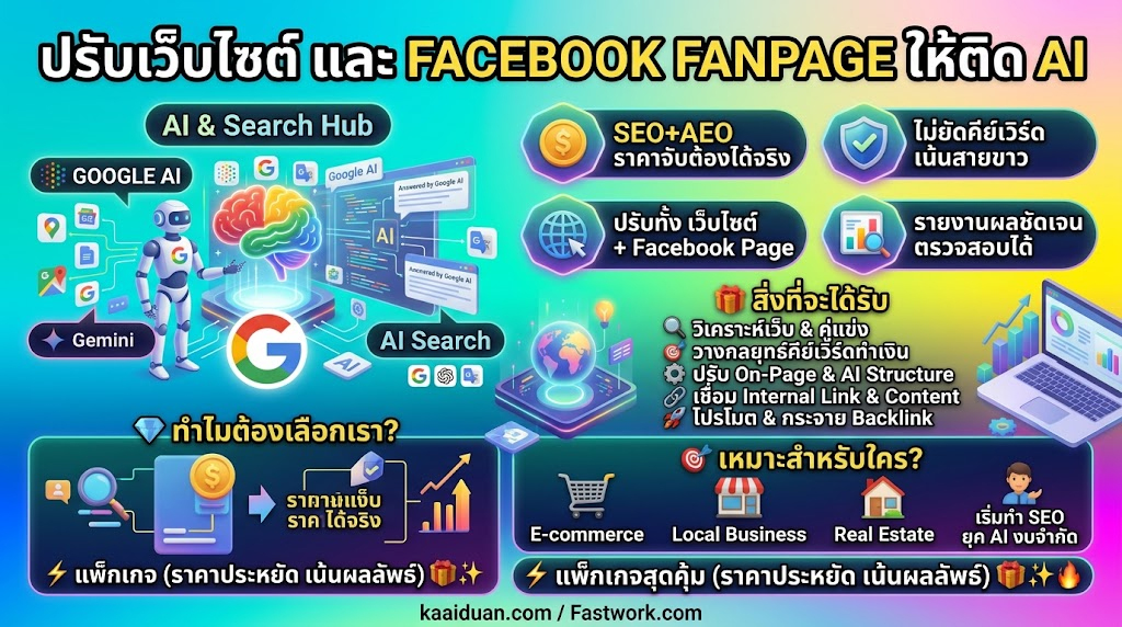 ประกาศ รับจ้าง 2026 ติดAISearch ปรับโครงสร้างเว็บและแฟนเพจ ให้ติดGoogle แต่งเว็บ&ปรับแฟนเพจ